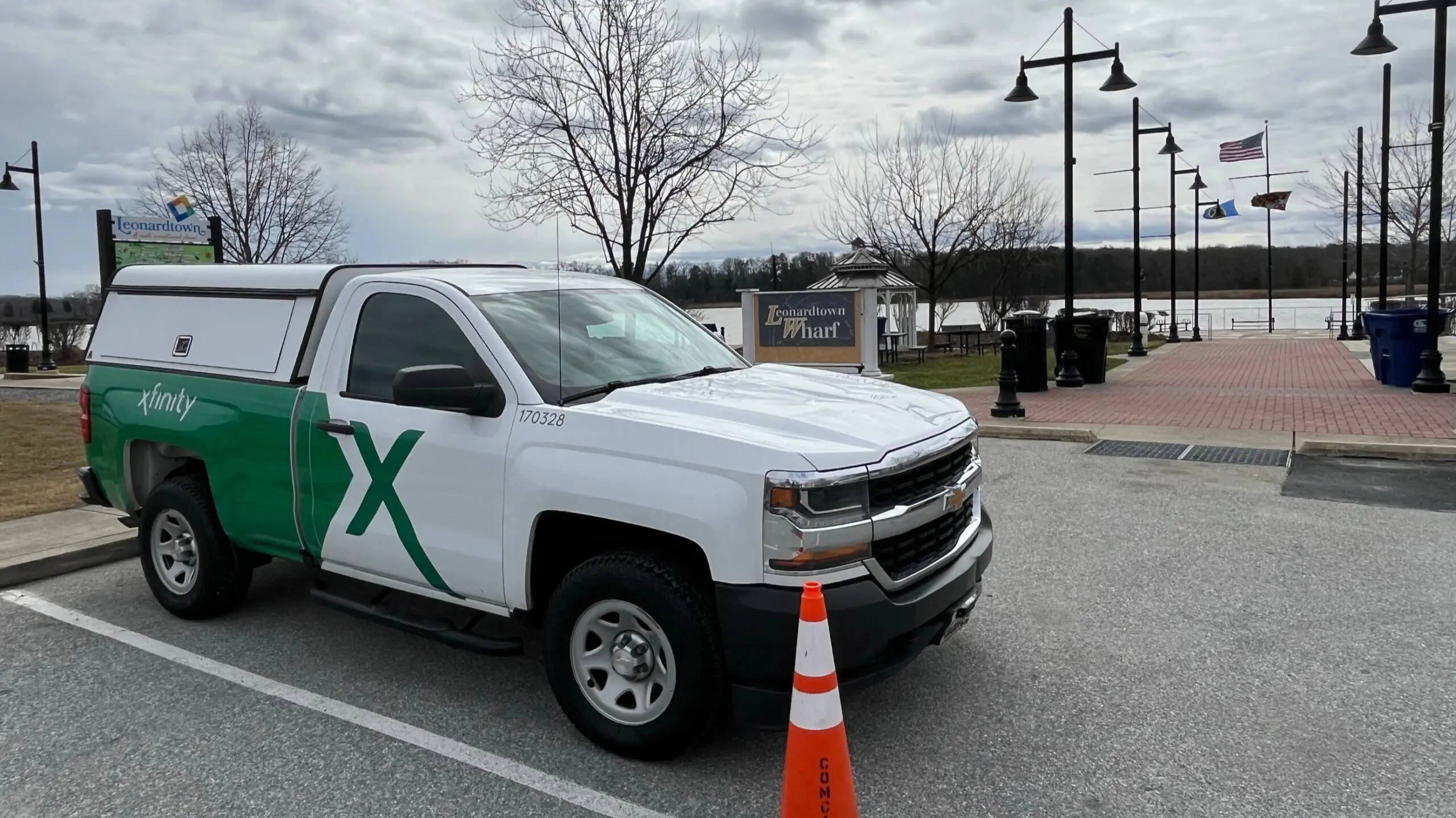 Xfinity truck parked near Leonardtown Warf